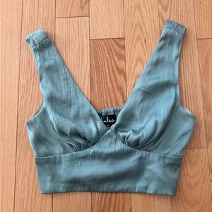 Sage Green Cropped satin V-Neck crop top